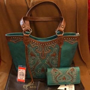 Montana West turquoise shoulder bag and matching wallet